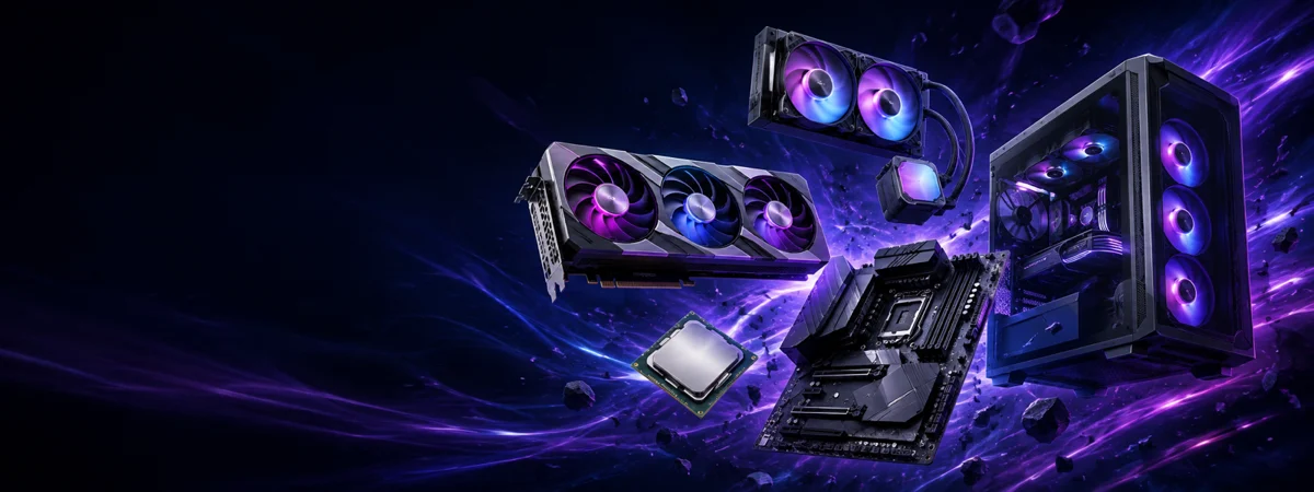 PC components and a gaming tower in an electric blue scene
