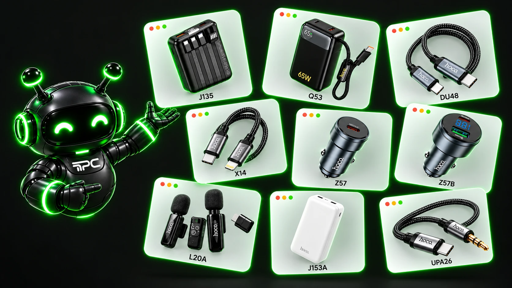 The green Plug mascot presenting nine HOCO accessories in scattered product cards