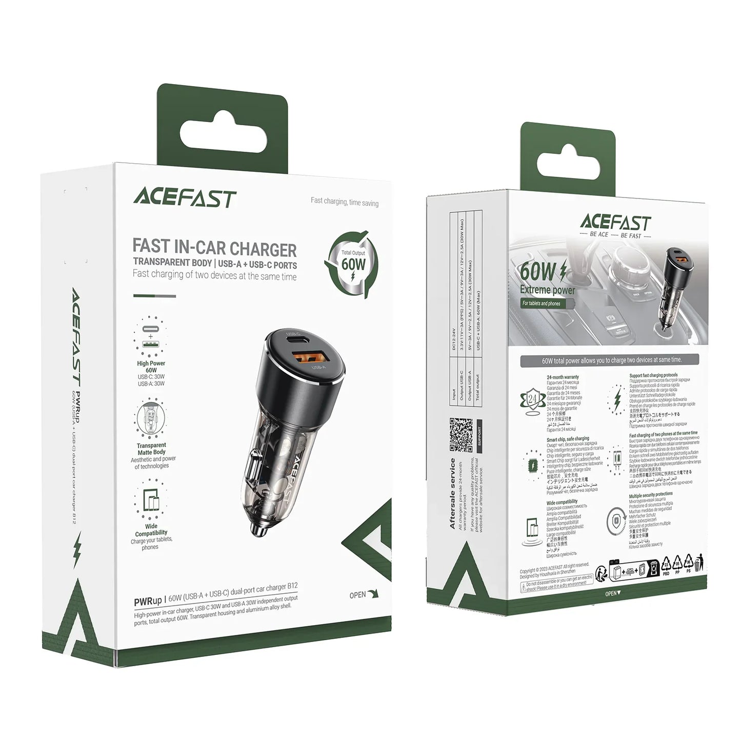 Acefast B12 60W (USB-A+USB-C) dual-port car charger,black